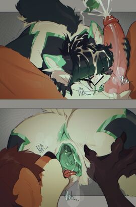 absurd_res akima1232 anthro anus arctic_fox big_penis black_body black_fur black_hair bodily_fluids brown_body brown_fur brown_hair canid canine chains claws countershading cum cunnilingus dripping dripping_vulva duo ejaculation eyewear eyewear_only female fox fox_ears fox_tail fur genital_fluids genitals glasses glasses_only green_anus green_eyes green_hair green_lipstick green_markings green_tongue green_vulva hair half-closed_eyes handjob hi_res kiss_mark knot knotted_penis licking lipstick lipstick_on_penis looking_at_another looking_at_partner looking_at_viewer makeup male male/female mammal markings membrane_(anatomy) metallic_markings multicolored_body multicolored_fur multicolored_hair multipanel mustelid narrowed_eyes nude nude_anthro nude_female nude_male oral otter penile penis penis_lick river_otter sex theo_delmare tongue true_fox vaginal_penetration vivian_(vyrissvixy) vulva wearing_glasses webbed_hands white_body white_fur