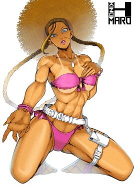 1girls artist_logo blonde_hair blue_eyes breasts busty cammy_white capcom face_scar female kinohmaro kneeling light-skinned_female light_skin muscular muscular_female pink_bikini pink_lipstick sandals street_fighter tan_lines twintails