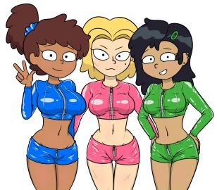 3girls amphibia amphibia_(finale) anne_boonchuy anonymous_artist asian_female big_breasts black_hair blonde-haired_female blonde_female breasts brown_hair dark-skinned_female dark_skin disney disney_channel female female_only fully_clothed latex latex_clothing latex_shorts latex_topwear marcy_wu revealing_clothes sasha_waybright shiny_clothes shorts taiwanese thai tight_clothing top trio white_female zipper