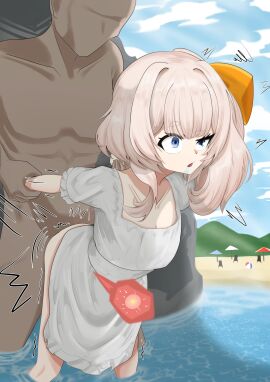 1boy 1girls arm_grab ass beach blue_eyes breeding clothed_female_nude_male clothed_sex clothing cum cum_in_pussy cum_inside drooling exhibitionism female from_behind fucked_silly fucking height_difference impregnation kairo0 long_hair male marimari_en outdoors outside ovum penetration phase_connect public public_sex pussy sex sex_from_behind size_difference spread_legs vaginal_penetration virtual_youtuber vtuber water x-ray