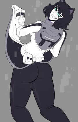 1girls 2d ass ass_focus big_ass blake_belladonna blue_eyes booty breasts cat_ears curious_cat_(rwby) female female_only grin male male_in_female_body possessed possession rooster_teeth rwby sharp_teeth showing_ass solo verteeg viz_media