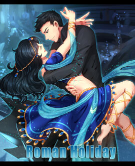 1boy 1girls aged_up arms_around_partner bare_midriff batman_(series) black_hair chain247 damian_wayne dancer dancer_outfit dancing dc dc_comics dick_grayson female genderswap genderswap_(mtf) gypsy hugging male male/female nightwing pussy pussy_graydaughter robin_(damian_wayne) robin_(dc) rule_63 straight