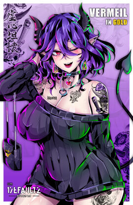 absurdres arm_tattoo artist_name bag black_bag black_choker black_horns black_sweater blue_gemstone blush breasts chest_tattoo choker collarbone copyright_name covered_erect_nipples covered_navel cowboy_shot defaultz defaultz_17 demon demon_horns demon_tail ear_piercing earrings female flower_tattoo gem goth goth_girl gothification gothified hair_between_eyes hand_in_own_hair handbag heart heart-shaped_gem heart_choker heart_necklace highres horns jewelry kinsou_no_vermeil large_breasts milf necklace no_panties off-shoulder_sweater off_shoulder one_eye_closed open_mouth piercing pointy_ears purple_background purple_hair red_eyes ribbed_sweater short_hair solo succubus sweater tail tattoo vermeil vermeil_(kinsou_no_vermeil) vermeil_in_gold