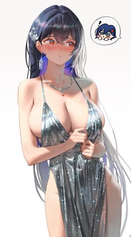 2girls absurdres alternate_costume alternate_hairstyle averting_eyes bare_arms bare_shoulders belle_(zenless_zone_zero) black_hair blue_hair blush breasts cleavage closed_mouth collarbone colored_inner_hair commentary crossed_bangs dress earrings female grace_howard hair_between_eyes hair_ornament highres huge_breasts jewelry large_breasts long_hair multicolored_hair multiple_females multiple_girls necklace nose_blush red_eyes side_slit silver_dress simple_background solo_focus thighs white_background wonbin_lee zenless_zone_zero