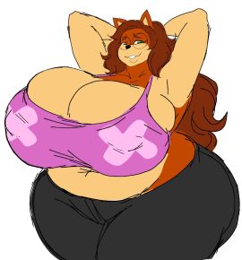1girls 2d 2d_(artwork) anthro anthro_only arms_behind_back arms_up big_breasts black_jeans black_pants breasts breasts_bigger_than_head brown_hair button_nose chubby chubby_anthro chubby_female chunky cleavage cleavage_overflow digital_drawing_(artwork) digital_media_(artwork) dog_girl elbows_up female finnish furry furry_female furry_only glasses green_eyes huge_breasts jeans large_breasts lips long_hair love_handles massive_breasts midriff momiji_(artist) plump plump_breasts plump_thighs round_glasses solo solo_anthro solo_female standing superia_(superix) white_background