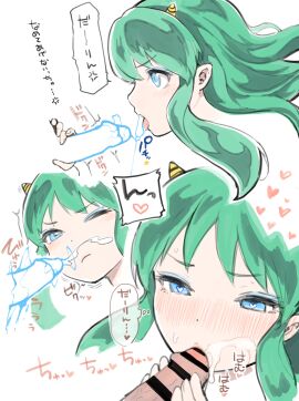 1boy 1girls alien_girl balls blowjob blue_eyes cock_and_ball_torture cock_and_balls_torture cum cum_on_face electrostimulation fellatio female green_hair horn light_skin long_hair lum male penis penis_torture urusei_yatsura