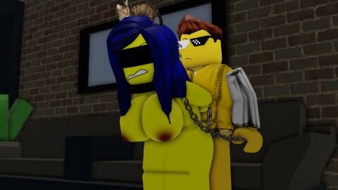 1boy 1girls 3d big_breasts blue_hair blueicongd bondage breasts chains collar female femicon_(blueicongd) male nude oc original_character roblox roblox_avatar robloxian slave slave_collar slave_girl thick_thighs yellow_skin yellow_skinned_female