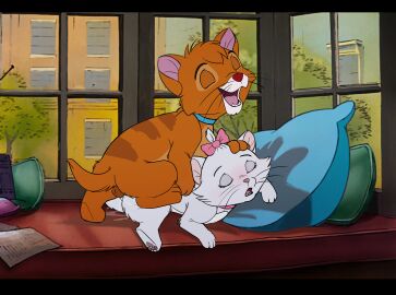 accessory blush bow_ribbon closed_eyes cub cub_on_cub disney domestic_cat duo felid feline felis female feral fur furry genitals hair_accessory hair_ribbon hairbow hi_res male male/female mammal marie_(aristocats) oliver_(oliver_and_company) oliver_and_company orange_body orange_fur penis ribbons sex the_aristocats white_body white_fur wugi young