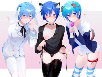 animal_ears animal_tail blazer blue_eyes blue_hair blush blushing_at_viewer bunny_boy bunny_ears bunny_tail cat_boy cat_ears catboy choker clothing_pull collar condom crossdressing crossdressing_male dog_boy dog_ears dog_tail femboy feminine_male girly hair_ornament hairpin heart heart-shaped_pupils hoodie jacket kaito_(vocaloid) latex leather leather_clothing looking_at_viewer male male_only male_with_painted_nails nipple_peek nipple_slip nipples painted_nails panties pants pulling_clothing shirt shirt_pull smile smiling smiling_at_viewer striped_legwear striped_panties striped_thighhighs thighhighs vocaloid