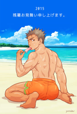 1boy 2015 ass back_view barefoot beach black_eyes brown_hair bulge dated gay ice_cream japanese_text looking_at_viewer looking_back male male_only melting_ice_cream muscular orange_shorts original shorts solo sweatdrop tan_skin tanline text translation_request yaoi yunisuke