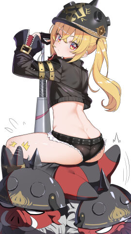 1girls artist_request ass ass_cleavage ass_focus back back_view bangs baseball_bat biker_clothes biker_girl biker_jacket blonde_female blonde_hair blush cutoff_shorts cutoffs female helmet holding_baseball_bat hoyoverse light-skinned_female light_skin long_sleeves looking_at_viewer luciana_de_montefio lucy_(zenless_zone_zero) micro_shorts midriff mihoyo revealing_clothes short_shorts sitting solo solo_female thick_thighs thighs zenless_zone_zero