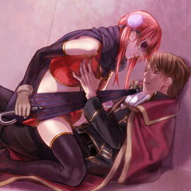 1boy 1girls aged_up bikkuridawa black_legwear black_thighhighs breast_grab breasts brown-haired_male brown_hair bun_cover chinese_clothes elbow_gloves female fully_clothed gintama gloves goggles grope groping groping_breasts hair_ornament kagura_(gintama) male official_alternate_costume okita_sougo orange-haired_female orange_hair shinsengumi_(gintama) straddling thighhighs twintails umbrella