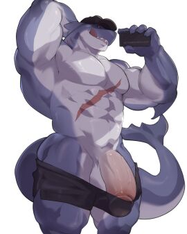 abs anthro balls bottomwear clothing digital_drawing_(artwork) digital_media_(artwork) electronics eyepatchedfloof fish genitals gills glans hat headgear headwear hi_res licking licking_lips male marine multicolored_body muscular muscular_anthro muscular_male pecs penis phone scar shark shorts simple_background tail tongue two-tone_body white_background