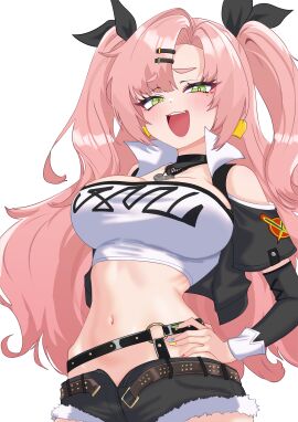 :d absurdres black_jacket black_ribbon black_shorts blush breasts cowboy_shot crop_top cropped_jacket cutoffs earrings female green_eyes hair_ornament hair_ribbon hairclip hand_on_own_hip heart heart_earrings highres jacket jewelry large_breasts long_hair long_sleeves looking_at_viewer midriff navel nicole_demara oldsickkim open_fly open_mouth pink_hair ribbon short_shorts shorts simple_background smile solo stomach strapless teeth tongue tube_top two_side_up upper_body upper_teeth very_long_hair white_background white_tube_top zenless_zone_zero