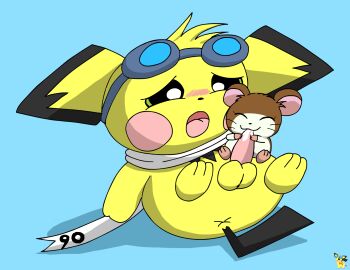 2024 anus artist_logo balls blue_background blush bodily_fluids brown_body brown_fur closed_eyes cricetid cum cum_in_mouth cum_inside duo eyewear eyewear_on_head fellatio female female_penetrated feral feral_on_feral feral_penetrated feral_penetrating feral_penetrating_feral fur generation_2_pokemon genital_fluids genitals goggles goggles_on_head hamster hamtaro_(series) hi_res interspecies larger_male logo looking_pleasured male male/female male_penetrating male_penetrating_female mammal nintendo oral penelope_(hamtaro) penetration penile penis pichu pichu90 pokemon pokemon_(species) pokephilia rodent scarf sex simple_background size_difference smaller_female smaller_penetrated sparks_pichu white_scarf yellow_body yellow_fur