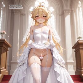 aether_(genshin_impact) ai_generated blonde-haired_male blonde_hair chastity_cage femboy feminine_male genshin_impact hoyoverse lifting_skirt looking_at_viewer penis small_penis wedding wedding_dress yellow_eyes