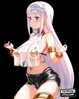 1girls armpits belly black_background breasts elf elf_ears elf_female emilia_(re:zero) female golden_bikini large_breasts micro_bikini purple_eyes re:zero_kara_hajimeru_isekai_seikatsu shorts sideboob silver_hair solo standing thick_thighs translucent_clothing transparent_clothing