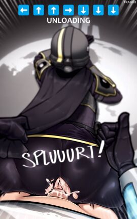 1boy anal anus armor arrow_(symbol) ass belt_pouch black_gloves blurry blurry_background bodysuit cape cape_aside clothed_sex commentary cum cum_in_ass cum_overflow depth_of_field english_commentary english_text female fragile_(itsnotfragile) gameplay_mechanics gloves helldiver_(helldivers) helldivers helldivers_(series) helldivers_2 helmet highres huge_ass male pauldrons penis pouch pov prone_bone sex sex_from_behind shoulder_armor straight tally thumbs_up torn_bodysuit torn_clothes uncensored vambraces variant_set