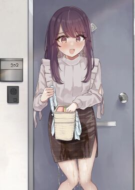 1girls blush door earrings female noa_cell omorashi open_mouth original peeing peeing_self pencil_skirt purple_eyes purple_hair skirt stained_skirt tears wet wet_clothes wet_skirt wetting wetting_self