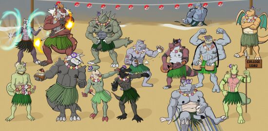 2_toes 3_toes 4_toes abs accessory aggron alolan_form alolan_marowak anthro anton_o'moore bared_teeth barefoot beach beach_towel belly beverage biceps big_muscles biped blastoise blue_body blue_scales blush blush_lines bongo_drum bottomwear bracelet breloom bryan_hall claws clothed clothing coconut coconut_drink crossed_arms curtis_sara_taylor dancing dragonite dressing drum drupe_(fruit) erect_nipples erection eyebrows feet femboy fire fire_dancer fire_dancing fire_performance flower flower_necklace flower_on_head food fossil_pokemon fruit garland garth_forest generation_1_pokemon generation_2_pokemon generation_3_pokemon generation_5_pokemon generation_6_pokemon generation_7_pokemon genitals grass_skirt green_body green_scales grey_body grey_scales group hand_on_hip hawaiian herbert_gillespie hi_res hibiscus hula hula_dancer hula_dancing humanoid_feet humanoid_genitalia humanoid_penis hunter-husky jewelry kecleon krookodile lei looking_at_viewer luau lute machamp machoke male male/male markings mature_male melee_weapon musclegut muscles muscular muscular_male musical_instrument navel necklace nervous nintendo nipples open_mouth orange_body orange_scales party penis percussion_instrument performance_art plant plantigrade plucked_string_instrument pokeball pokemon pokemon_(species) polearm pupils purple_sclera raymond_davis red_body red_scales regional_form_(pokemon) rhydon salandit sand scales scalie sea sebas_cooper sexual_tension shane_barker shoreline shoulder_strap sign skirt snout spear spikes spikes_(anatomy) strength string_instrument tail tattoo teeth toes tongue topless topless_anthro topless_male torch towel treecko trenton_liddle tribal tribal_markings triceps twunk tyranitar tyrantrum ukulele ulisez_golderer unnamed_character ventral_scales wardrobe_malfunction water weapon white_sclera yellow_sclera