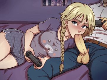 1girls 2d 2d_animation animated blonde_hair blowjob blowjob_while_gaming blue_eyes blush braided_hair breasts casual casual_sex clothed_female_clothed_male clothed_sex clothing disney distracted dolphin_shorts dualshock electronics elyon_brown fellatio female female_focus game_controller gaming human large_breasts legs_together light-skinned_female light_skin long_hair lord_cedric lying_on_side male open_mouth oral oral_sex pale_skin penetration penis playing_videogame sex sex_while_gaming shorts somka108 twin_braids unseen_male_face w.i.t.c.h. wide_hips