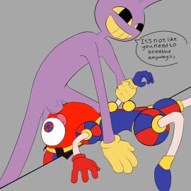 1boy 1girls animated animated_gif asphyxiation blush brown_hair choking_on_cock deepthroat fellatio female female_penetrated funny glitch_productions gloves holding_breath jax_(the_amazing_digital_circus) jester male male/female male_penetrating male_penetrating_female oral oral_penetration oral_sex penis pomni_(the_amazing_digital_circus) purple_body sex simple_background sword_swallowing_position the_amazing_digital_circus unusual_anatomy unusual_eyes unusual_pupils veiny_penis yellow_sclera