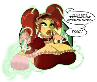 a_witty_name after_transformation breasts erect_nipples feather_duster female femsub fishnets gender_transformation gradient_text green_eyes hair_growth kaa_eyes large_breasts long_hair magic maid mtf_transformation nipples original post-transformation red_hair text thighhighs transformation translation_request western