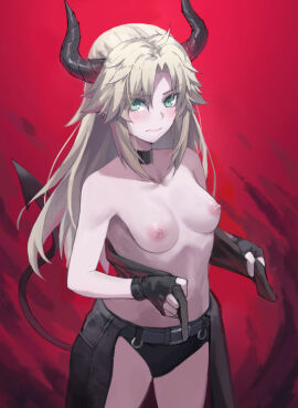 bangs black_gloves blonde_hair blush braid breasts choker closed_mouth clothing demon demon_girl demon_horns demon_tail fate/apocrypha fate/grand_order fate_(series) female fingerless_gloves french_braid gloves green_eyes high_resolution horns long_hair looking_at_viewer mordred_(fate) mordred_(fate/apocrypha) navel nipples parted_bangs ponytail red_background sidelocks small_breasts smile solo tail thighs tied_hair tonee topless