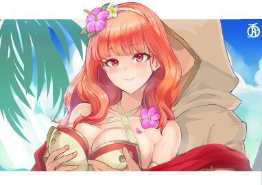 1boy 1girls alternate_costume bare_shoulders beach bikini blush breast_grab breasts brown_bikini brown_swimsuit celica_(fire_emblem) cleavage collarbone criss-cross_halter double_breast_grab female female_focus fire_emblem fire_emblem_echoes:_shadows_of_valentia fire_emblem_heroes flower flower_hairband grabbing_another's_breast grabbing_from_behind groping hair_flower hair_ornament hairband halterneck heavy_breathing hetero highres hood hooded_coat kiran_(fire_emblem) kiran_(fire_emblem)_(male) large_breasts light_smile long_hair looking_at_viewer male nintendo ocean official_alternate_costume orange_eyes orange_hair outdoors palm_tree princess revolverwingstudios royalty sideboob smile solo_focus summer swimsuit teenage_female teenager tree upper_body