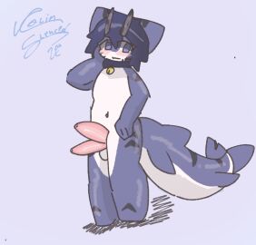 anthro blue_body blue_eyes colin_slenced doubledick fish genitals hi_res male marine penis shark shark_tail solo
