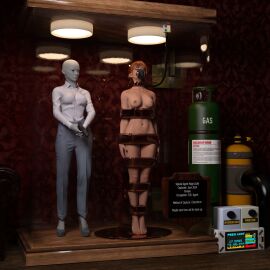 3d bondage bound bound_arms bound_legs completely_nude english_text female mannequin nude nude_female oldmanjaay orange_hair original text trophy_case