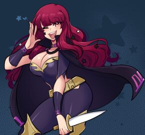 1girls belt big_breasts black_bodysuit black_cape bodysuit breasts cape choker cleavage clothing_cutout commentary dagger english_commentary female fire_emblem fire_emblem_engage hair_ornament high_collar highres holding holding_dagger holding_knife holding_weapon knife large_breasts long_hair looking_at_viewer missandydandy nintendo one_eye_closed open_mouth pink_choker red_eyes red_hair smile solo star_(symbol) star_hair_ornament teeth thighs upper_teeth wavy_hair weapon yellow_belt yunaka_(fire_emblem)