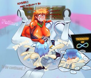 1boy 2girls angry asuka_langley_sohryu big_breasts bigeggguy cock_hungry cum cum_in_mouth deepthroat equine_penis excessive_cum fellatio horse horsecock huge_ass huge_cock mass_production_eva mind_break neon_genesis_evangelion rei_ayanami saliva_string squeezing_balls text