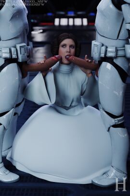 1girls 2boys 3d 3d_background 3d_model 3d_render blowjob carrie_fisher female male partial_male princess_leia_organa sfm_hood star_wars stormtrooper