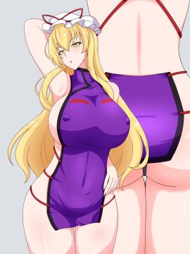 1girls artist_request blonde_hair breasts cowboy_shot female hands_behind_head huge_breasts long_hair mob_cap naked_tabard nipple_bulge one_hand_behind_head purple_tabard red_ribbon solo tabard tabard_only thick_thighs thighs touhou unknown_artist yakumo_yukari yukari_yakumo