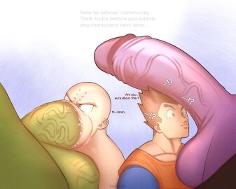 balls beerus boner confused_look cum dialogue digital_media_(artwork) dragon_ball dragon_ball_z erection gay green_skin krillin kuririn male male_only nude open_mouth penis piccolo purple_skin seloros son_gohan sucking sucking_penis veiny_penis