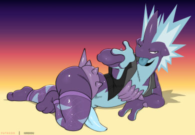 absurd_res anthro blue_body boner bottomwear clothed clothing erection fishnet_clothing fishnet_legwear generation_8_pokemon genitals hair hi_res legwear low_key_toxtricity luke_(luuklookyt) lying male male_only mostly_nude multicolored_body nintendo partially_clothed penis pinup pokemon pokemon_(species) pose pseudo_hair purple_body satsui-n0-had0u solo striped_legs stripes tongue tongue_out topwear toxtricity vest