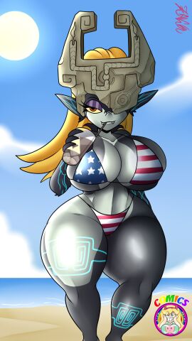 1girls 4th_of_july american_flag_bikini beach big_breasts bikini breasts drink drinking female female_only flag_bikini midna signature symbol-shaped_pupils text the_legend_of_zelda thick_thighs triforce_symbol usa_bikini wide_hips zaicomaster14