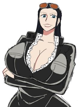 1girls 2d 2d_(artwork) 2d_artwork arms_crossed arms_crossed_under_breasts big_breasts black-haired_female black_hair blue-eyed_female blue_eyes breasts breasts_bigger_than_head clothed_female digital_drawing_(artwork) digital_media_(artwork) female female_focus female_only hair_down kissable_lips large_breasts leather_minidress light-skinned_female light_skin lips long-haired_female long_hair mature_female momiji_(artist) nico_robin one_piece pirate pirate_girl russian russian_female shonen_jump solo solo_female solo_focus sunglasses sunglasses_on_head