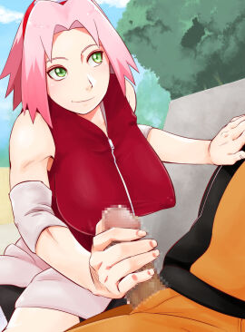 1boy 1girls 2d ass blonde_hair breasts censored closed_mouth covered_erect_nipples female full_color fully_clothed green_eyes handjob large_breasts male mosaic_censoring naruto naruto_(series) naruto_shippuden no_penetration partial_male penis pink_hair sakura_haruno short_hair smile source_request sunahara_wataru teeth uzumaki_naruto