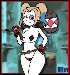 1girls artist_request batman_(series) big_breasts black_eyes blonde_hair breasts busty casual clothing confident curvy dc dc_comics female handwear harley_quinn hi_res human large_breasts legs looking_at_viewer multiversus navel pale_skin pasties smile star_pasties taped_nipples thighs topless twintails voluptuous weapon wink