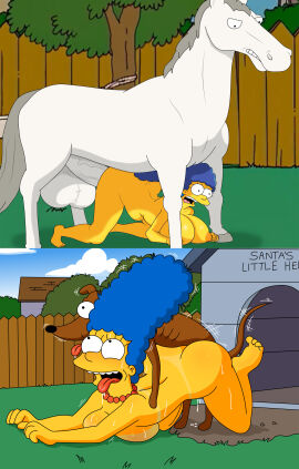 1girls 2boys beastiality beehive_hairdo blue_hair breasts canine doggy_style equine female female_on_feral female_penetrated feral horse human human_on_feral interspecies male male_on_human marge_simpson multiple_boys multiple_males outdoors public_sex santa's_little_helper the_simpsons tounge_out yellow_body yellow_skin zoophilia