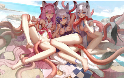 3girls absurdres animal_ear_fluff animal_ears arm_behind_head arm_up armpits azur_lane barefoot beach bkyuuc blue_eyes blue_sky blush boots bottomless breasts censored cloud day defeat eyepatch feet female fox_ears fox_girl fox_tail green_eyes grey_hair hair_over_one_eye hairband hanazuki_(azur_lane) heart heart-shaped_pupils highres japanese_clothes kasumi_(azur_lane) kawakaze_(azur_lane) kimono kneeling long_hair looking_at_viewer lying medium_breasts mosaic_censoring multiple_females multiple_girls navel nipples obi ocean on_side open_mouth outdoors pink_hair pussy red_hairband restrained rock sand sash single_boot sky small_breasts soles spread_legs stomach sunlight swept_bangs symbol-shaped_pupils tail tassel tentacle tentacle_around_neck tentacle_sex toes tongue tongue_out torn_clothes torn_kimono vaginal_penetration water white_footwear white_hair