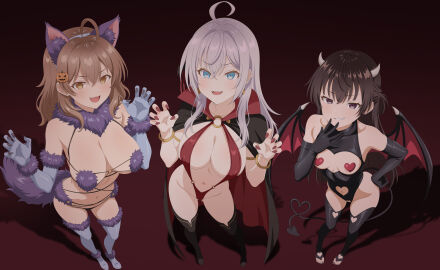 3girls alisa_mikhailovna_kujou alternate_version_available animal_ears armwear audirenze big_breasts black_gloves black_leotard black_thighhighs blue_eyes bracelet breasts brown_eyes brown_hair capelet cleavage cosplay costume detached_sleeves dynamite_comics ear_piercing earrings elbow_gloves fake_animal_ears fake_tail fangs fate/grand_order fate_(series) feet female female_only full_body fur_trim gloves hair halloween halloween_costume hand_on_hip heart_cutout heart_pasties hips horns huge_breasts large_breasts legs legwear leotard light-skinned_female long_hair maria_mikhailovna_kujou mash_kyrielight_(cosplay) mash_kyrielight_(dangerous_beast)_(cosplay) medium_breasts multiple_females multiple_girls nail_polish nails pasties purple_eyes purple_thighhighs red_nail_polish red_nails red_pasties red_sling_bikini revealing_clothes skimpy skimpy_bikini skimpy_clothes sling_bikini small_breasts smile succubus succubus_costume succubus_horns succubus_tail succubus_wings suou_yuki tail thighhighs thighs toeless_legwear toenail_polish tokidoki_bosotto_russian_de_dereru_tonari_no_alya-san vampire vampire_costume vampirella_(cosplay) vampirella_(series) white_hair