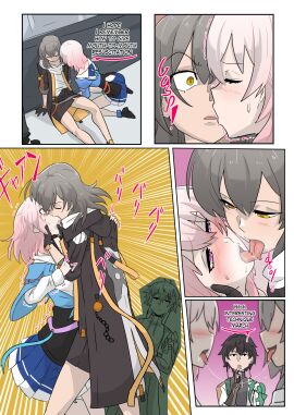 1boy 2023 2girls blushing comic comic_page dan_heng english_dialogue english_text female grey_hair honkai:_star_rail honkai_(series) hoyoverse humor kissing light-skinned_female light_skin lustful_gaze male march_7th_(honkai:_star_rail) nervous pink_hair saliva_trail stelle_(honkai:_star_rail) tagme tremble_spikes trembling ukaya_masaru_mx yuri