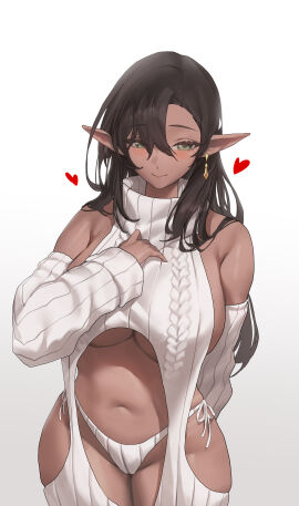 axoo black_hair breasts dark-skinned_female dark_elf dark_skin earrings elf female female_only green_eyes jewelry large_breasts long_hair meme_attire navel original panties smile solo sweater virgin_killer_sweater