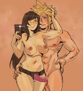 1boy arm_around_waist black_hair blonde_hair breasts camera_flash cellphone cloud_strife completely_nude dildo female final_fantasy final_fantasy_vii final_fantasy_vii_remake hand_on_own_hip highres imminent_pegging male muscular muscular_male nipples nude phone scar scar_on_chest selfie sex_toy smartphone spiked_hair strap-on strapon strawderryst tifa_lockhart