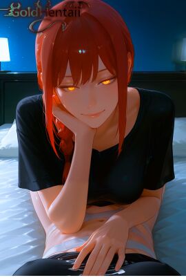 1girls ai_generated bed bedroom chainsaw_man crop_top eye_contact female female_pov laying_on_bed laying_on_stomach makima_(chainsaw_man) moonlight night pov pov_eye_contact red_hair seductive seductive_eyes seductive_look seductive_pose seductive_smile tilted_head yellow_eyes