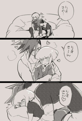 2boys androgynous before_sex comic embarrassed femboy fully_clothed galo_thymos japanese_text lio_fotia male monochrome promare size_difference twink yaoi