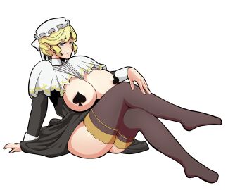 1girls alpha_channel areola_slip black_dress blonde-haired_female blue_eyes breasts breasts_bigger_than_head breasts_out censored_nipples club_pasties female for_sticker_use hand_on_knee legs_crossed maid_cap maid_uniform maria_(victoria_maid_maria_no_hoshi) no_shoes percyshmultiverse png sitting spade_pasties sticker_template thigh_high_stockings transparent_background transparent_png uncensored_version_at_paywall victoria_maid_maria_no_hoshi victorian_maid victorian_maid_maria_no_houshi white_outline